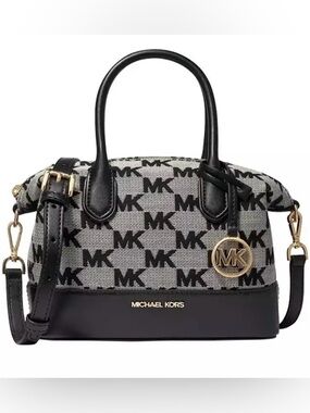 NWT Michael Kors Hyde Black & Gray MK Logo Small Leather Satchel w/Gold Hardware